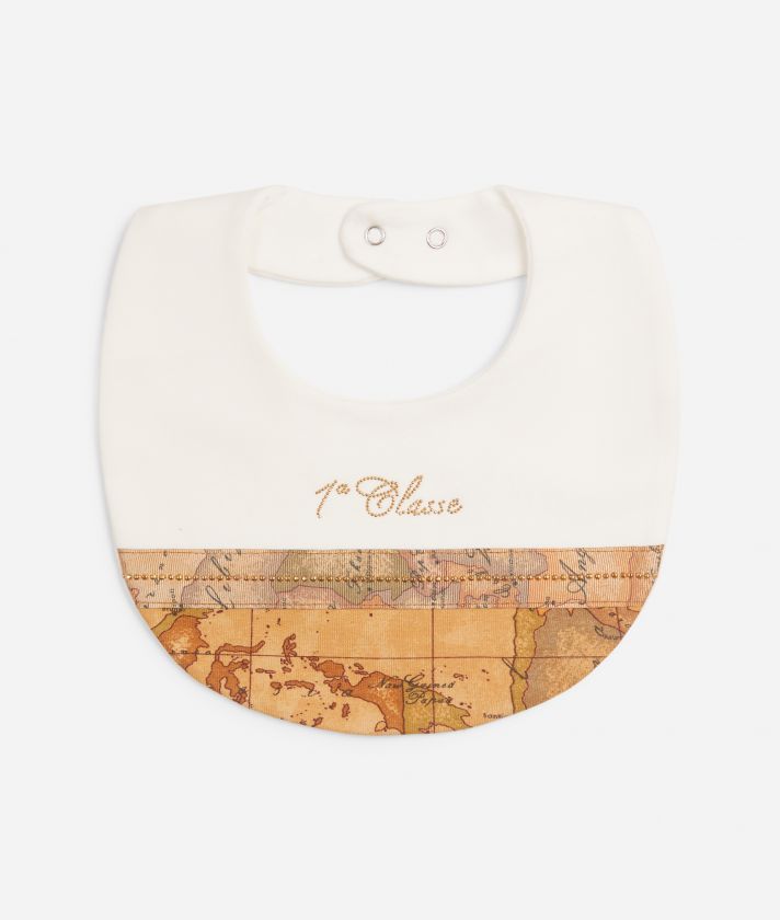 Cotton bib with logo and details in Geo Classic print Creamy