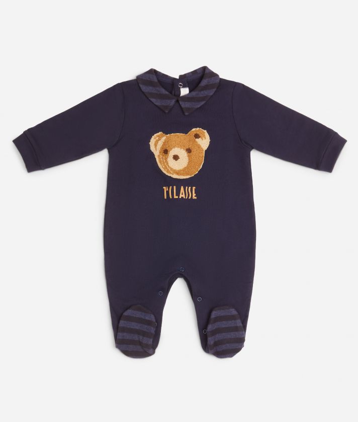 Cotton playsuit with teddy bear detail Blue