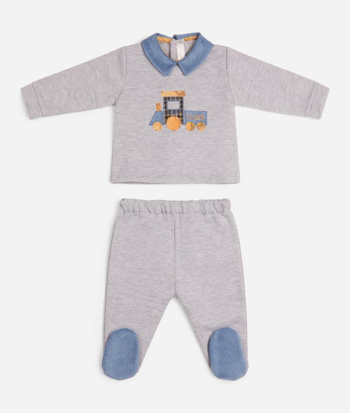 Two-piece babysuit with train detail Gray 