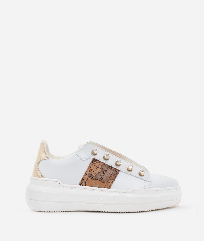 Slip-on in eco-leather white with Geo Classic print elastic