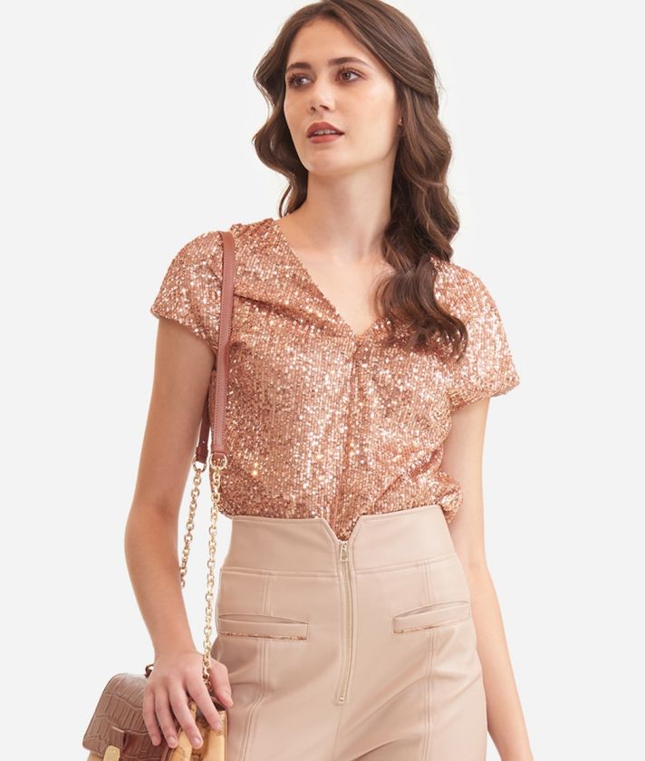 Top with short sleeves in full sequins Pink
