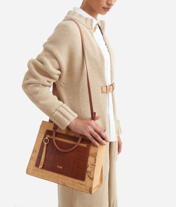 Madame Bag handbag in Geo fabric and mock-croc leather terracotta brown