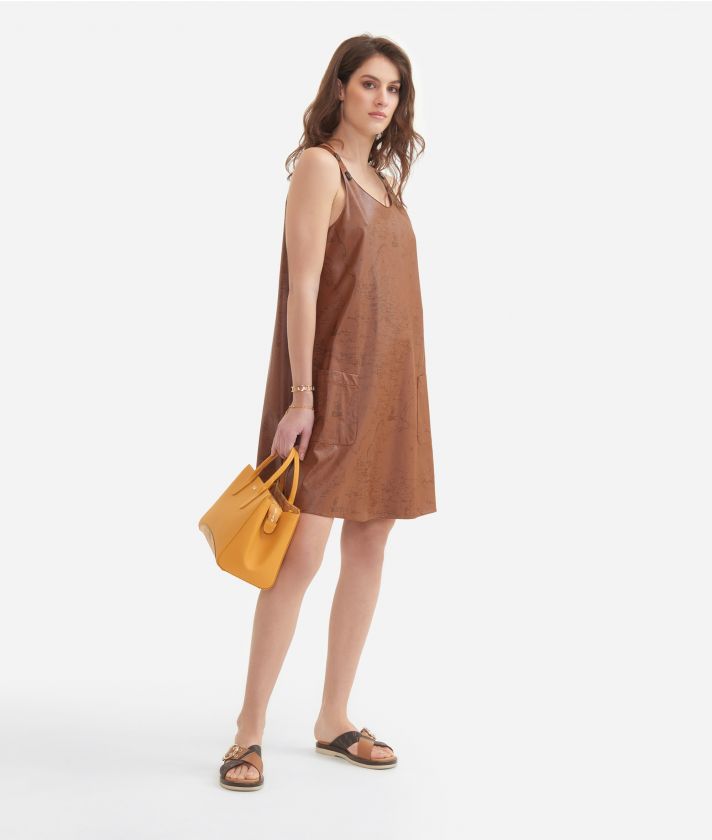 Dress with buttons in eco-leather with Geo Filetto print Brown