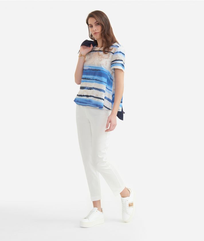Double sleeve top in organic cotton voile with Taormina print Blue