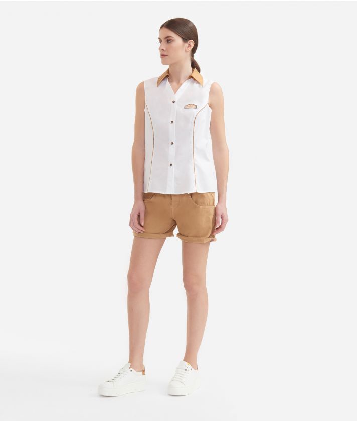 Sleeveless shirt with Geo Classic print collar in crisp cotton poplin White