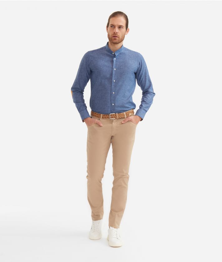 Slim fit shirt in linen blend with stand-up collar with Geo Classic patches Light Denim