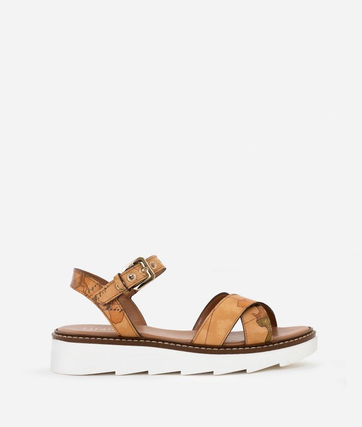 Sandals with crossed bands in Geo Classic napa leather print
