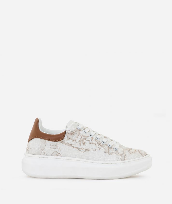 Laminated canvas sneakers in Geo White print and smooth leather inserts White