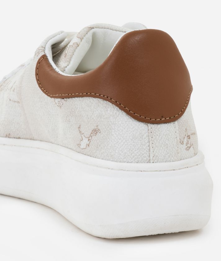 Laminated canvas sneakers in Geo White print and smooth leather inserts White