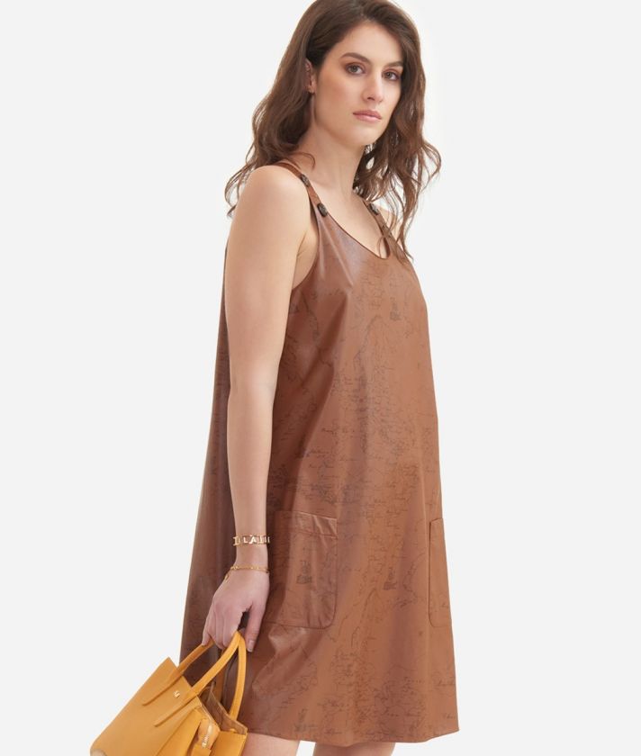 Dress with buttons in eco-leather with Geo Filetto print Brown