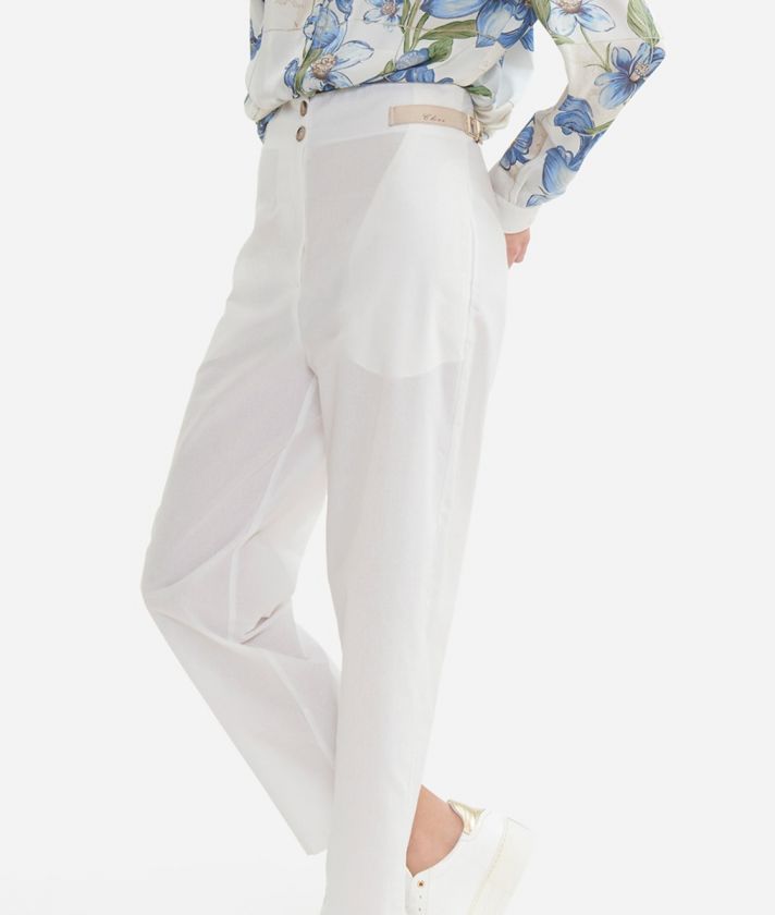 Pantalone con cinturino in tela di cotone riciclato Bianco Latte