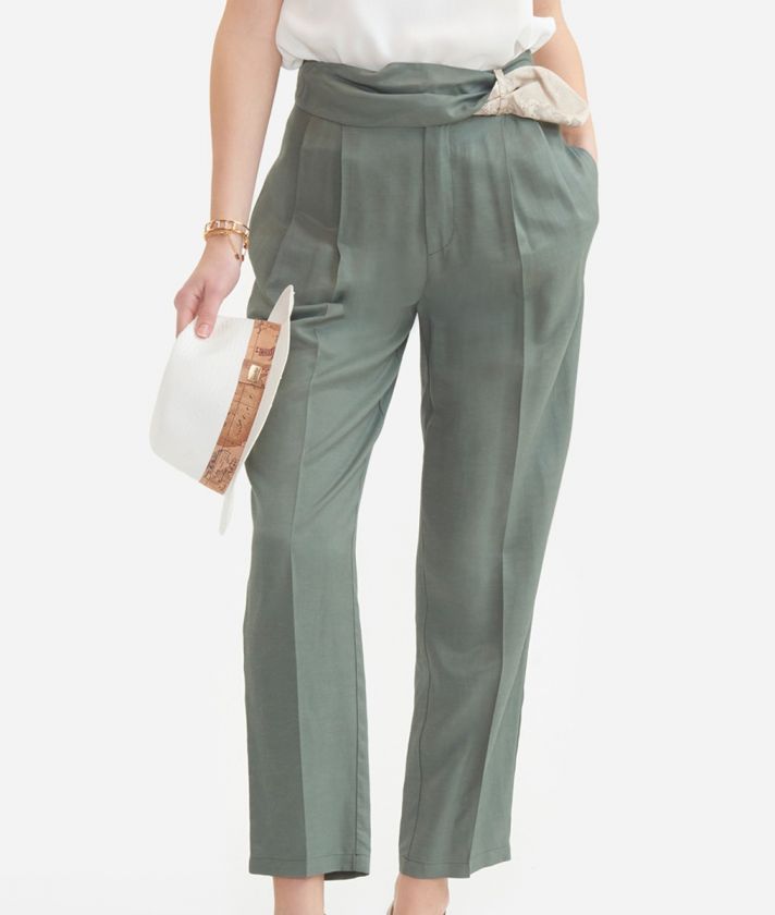 Trousers with bow in viscose and linen blend Olive