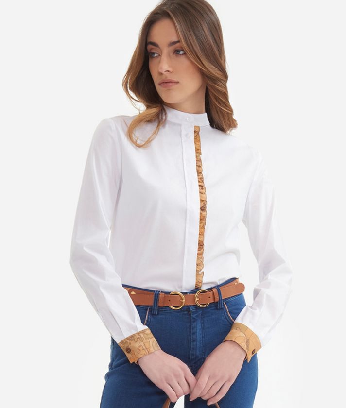 Camicia coreana con rouches in popeline di cotone stretch Bianca