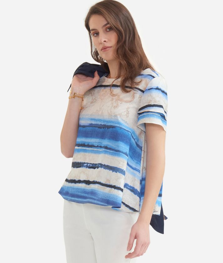 Double sleeve top in organic cotton voile with Taormina print Blue