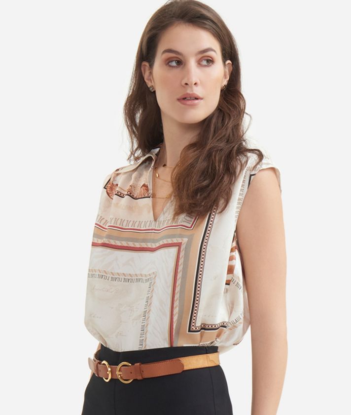Twill sleeveless shirt with Capri print Sand
