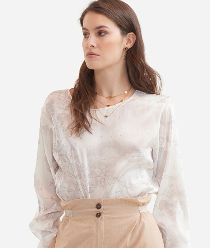 Long sleeves blouse in special Geo Chiffon Milky White