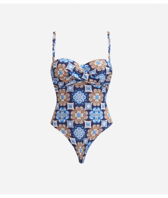 One-piece swimsuit with double shoulder straps with Geo Capri print Tyrrhenian Blue
