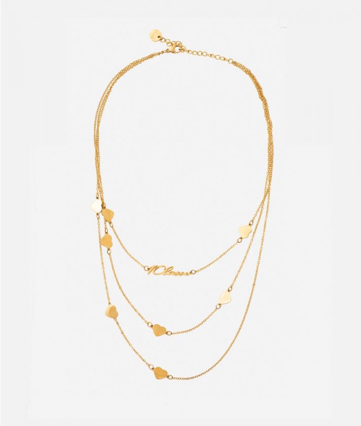 Three-strand necklace with hearts and 1A Classe logo Light Gold