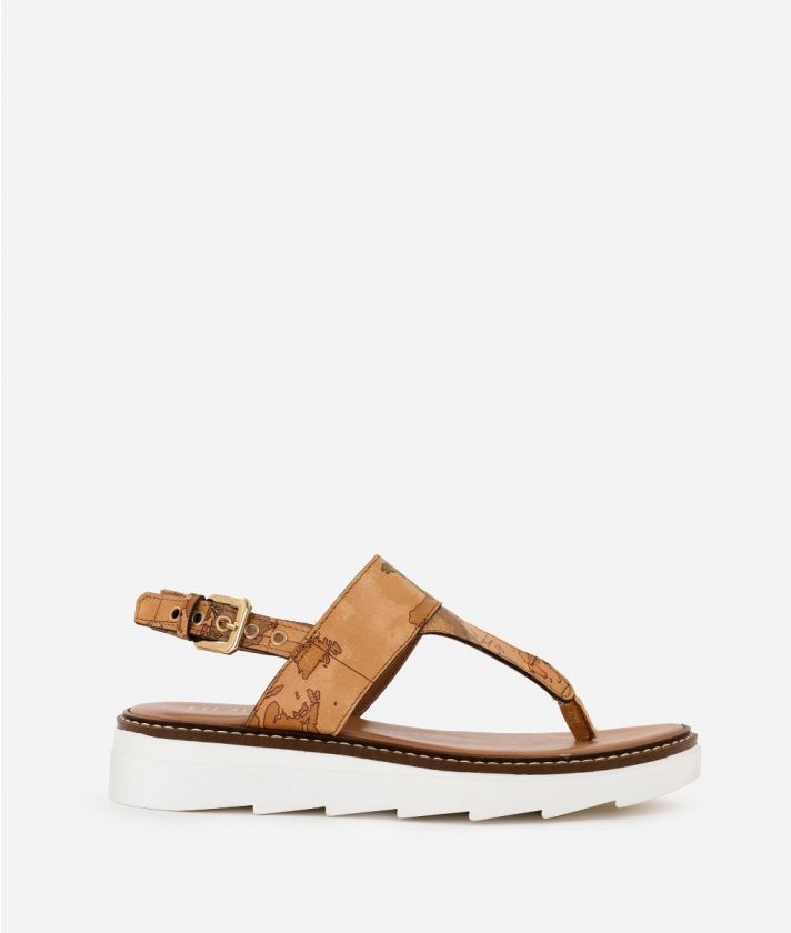 Thong sandals with crossed bands in Geo Classic print napa leather