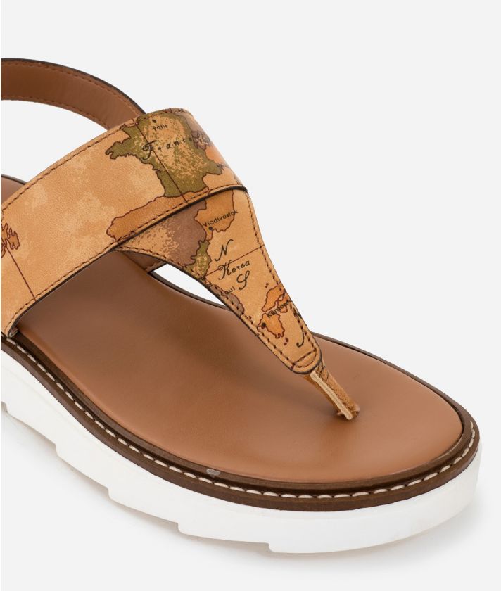 Thong sandals with crossed bands in Geo Classic print napa leather