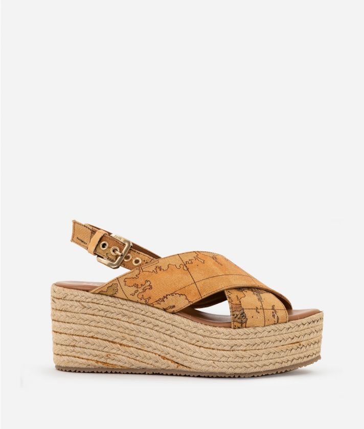 Wedge sandals with crossed bands in Geo Classic print canvas