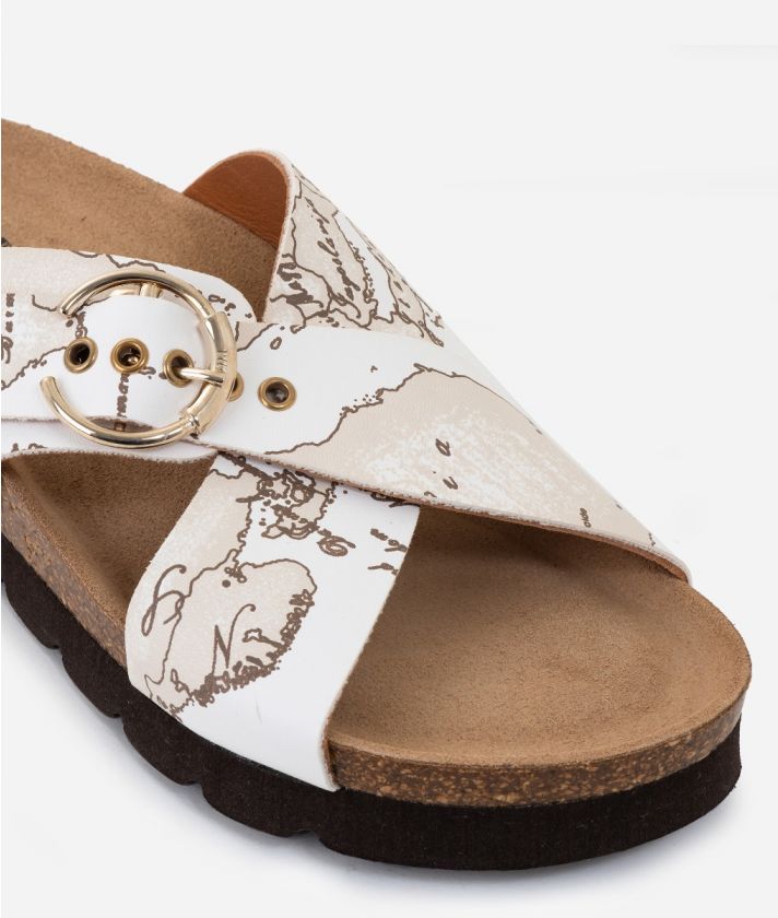 Crossed band slippers in Geo Natural print fabric White