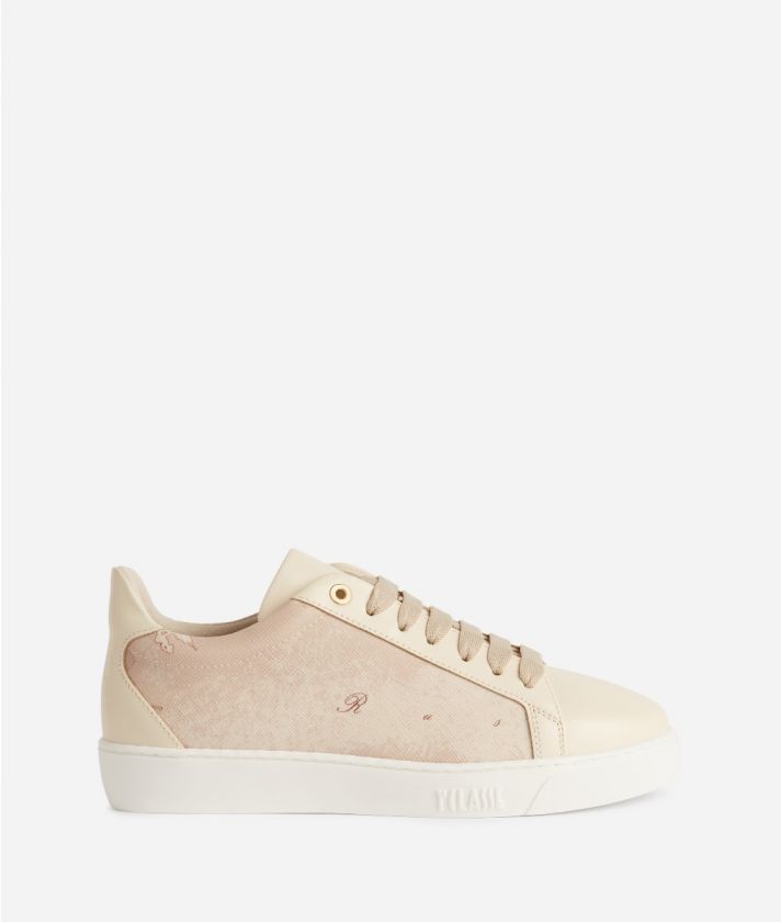 Smooth leather sneakers with Geo Beige saffiano insert Pink