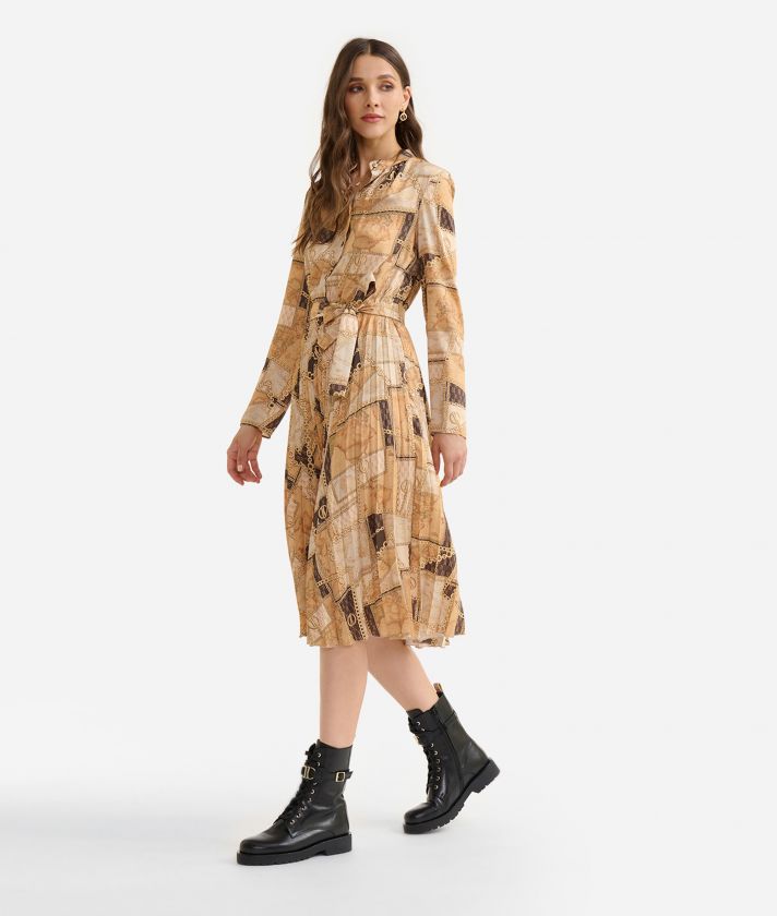 Twill dress with pleated skirt Camel