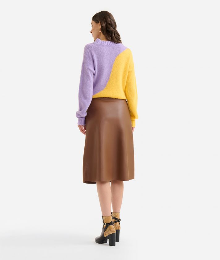 Faux napa leather flared skirt with zip Brown