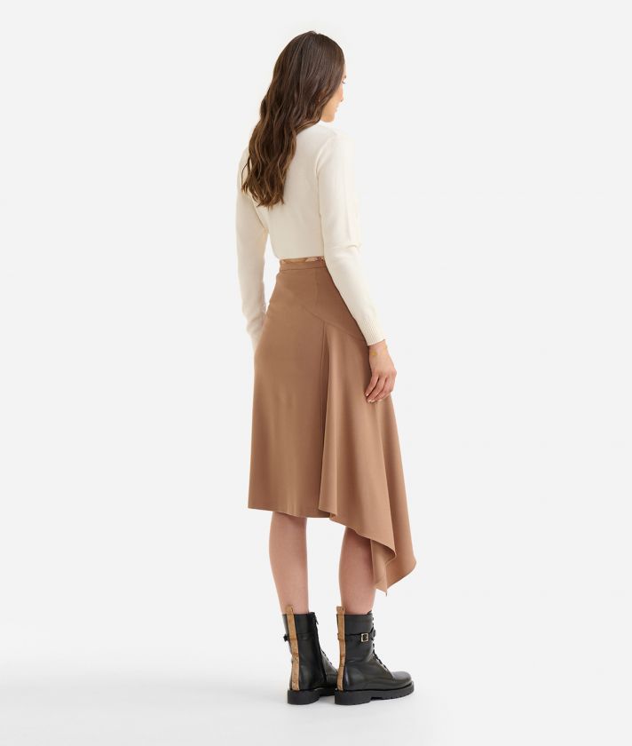 Stretch fabric asymmetrical skirt with flounce Camel