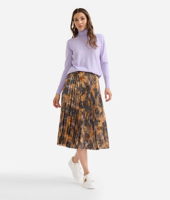 Pleated twill skirt with Paisley print Camel