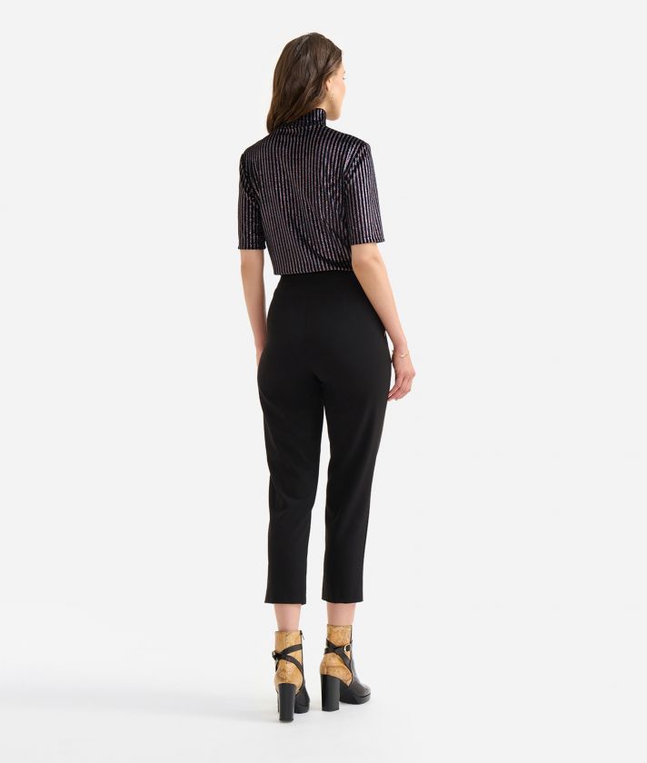 Lurex-pinstriped chenille turtleneck t-shirt Black  