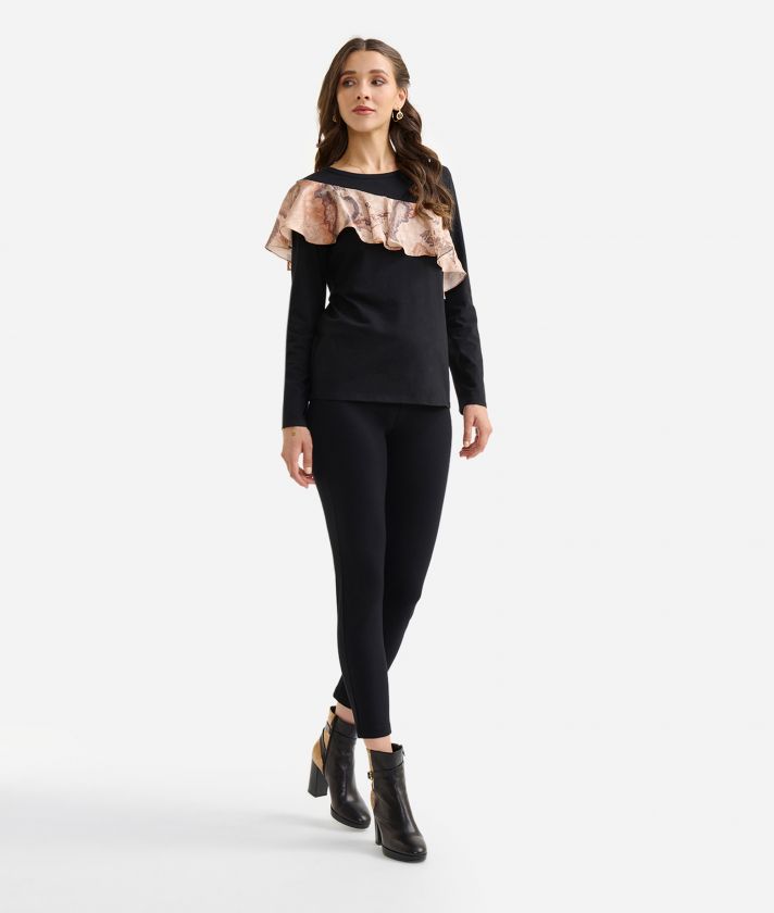 Stretch cotton jersey t-shirt with flounce Black

