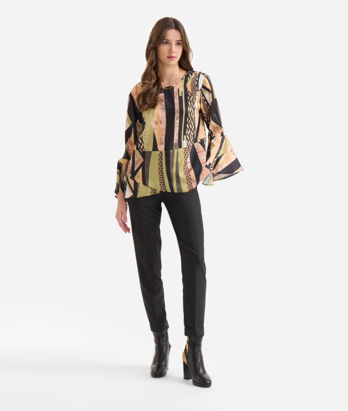 Twill blouse with bell sleeves with Geo-metric print Green