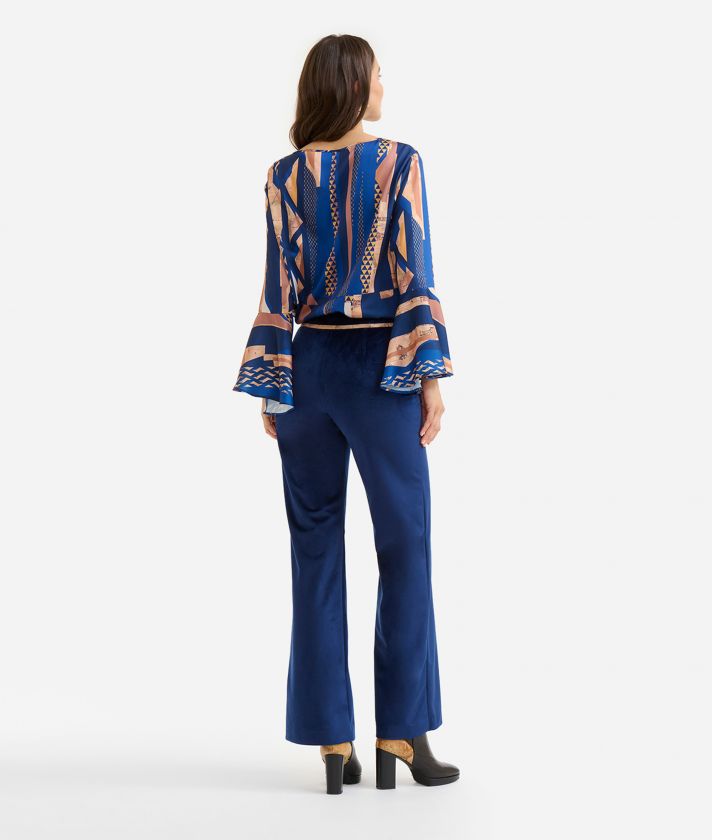 Twill blouse with bell sleeves with Geo-metric print Dark Blue