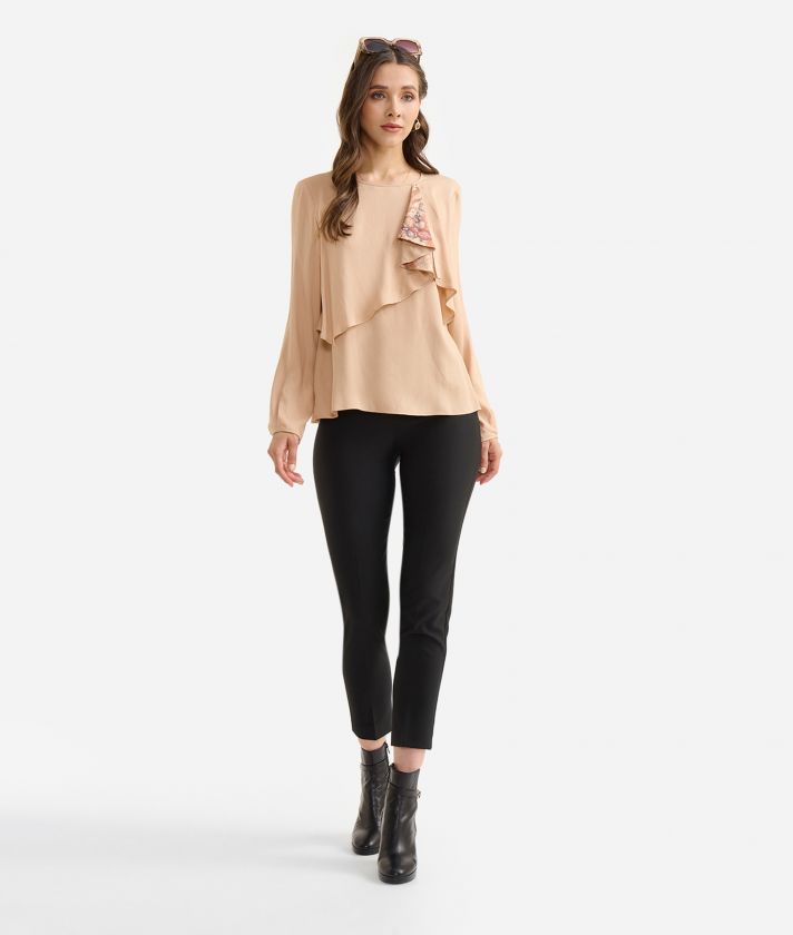 Eco-recycled viscose blouse with flounce Camel