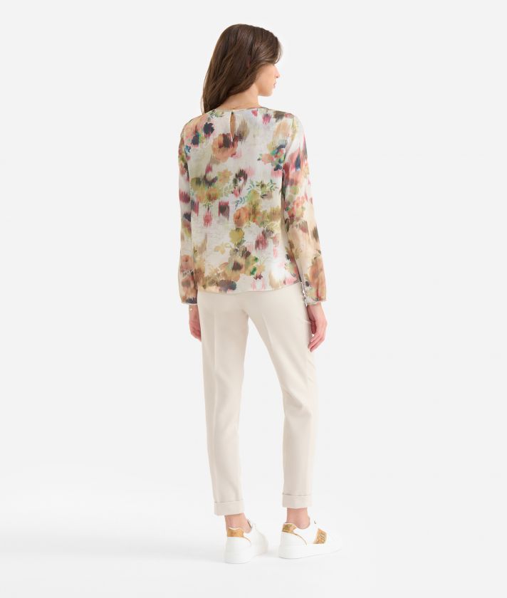 Twill blouse with Geo Watercolour print with flounce Pink