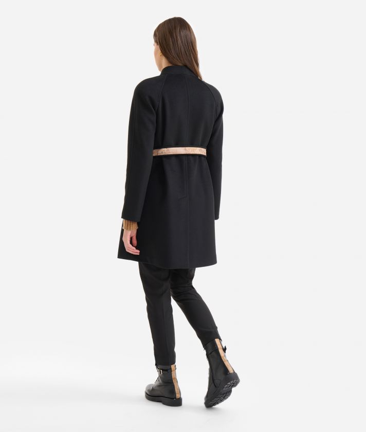 Midi-length velour coat with belt Black