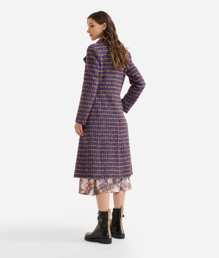  Checkered long coat with 1C brooch Blueberry
