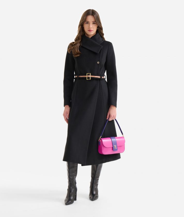 Long velour coat with high collar Black