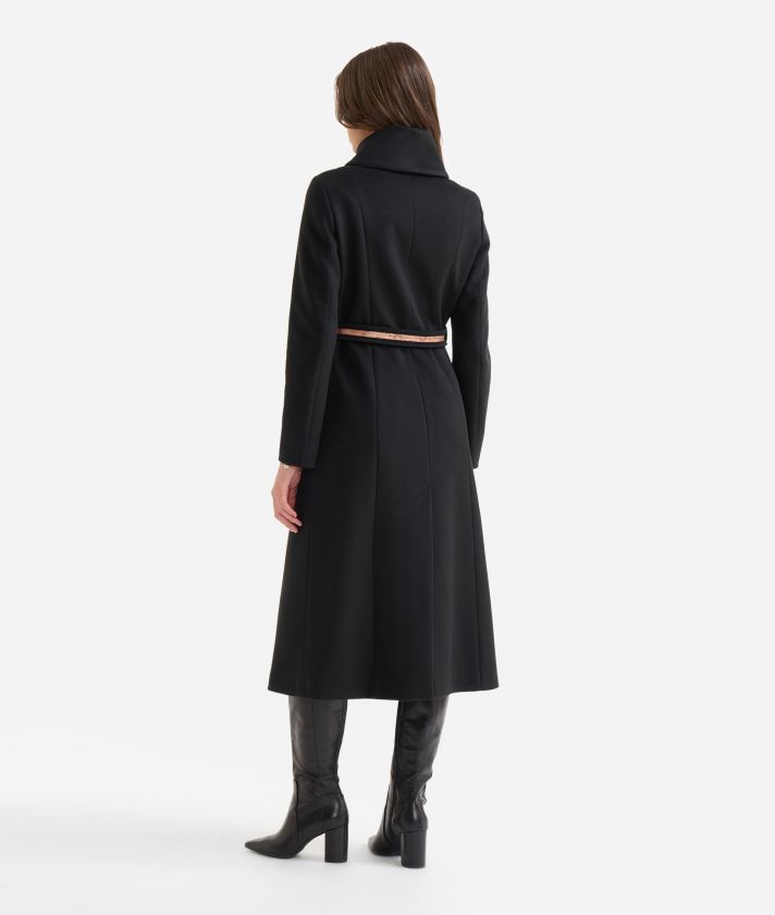 Long velour coat with high collar Black