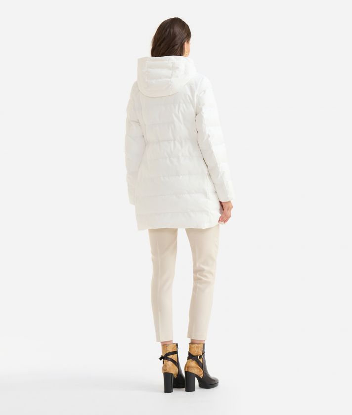 Down pea coat with technical nylon hood Wool White