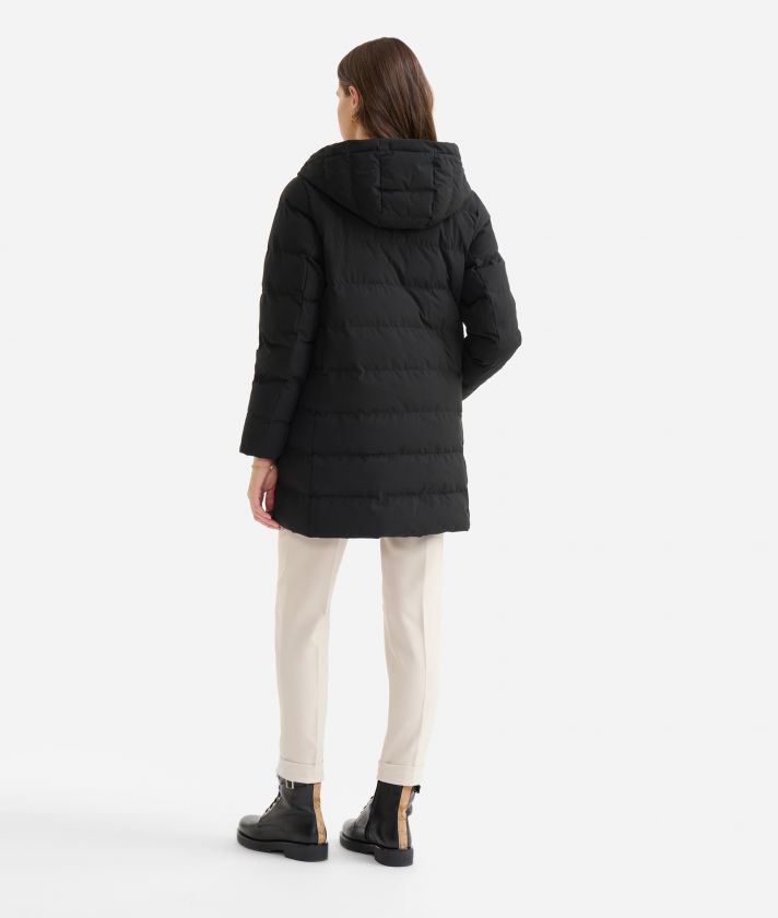 Down pea coat with technical nylon hood Black