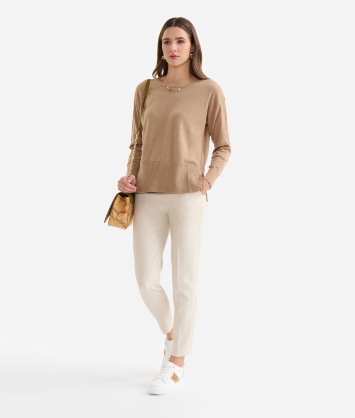 Crew-neck sweater with slits in cashmere blend yarn Camel