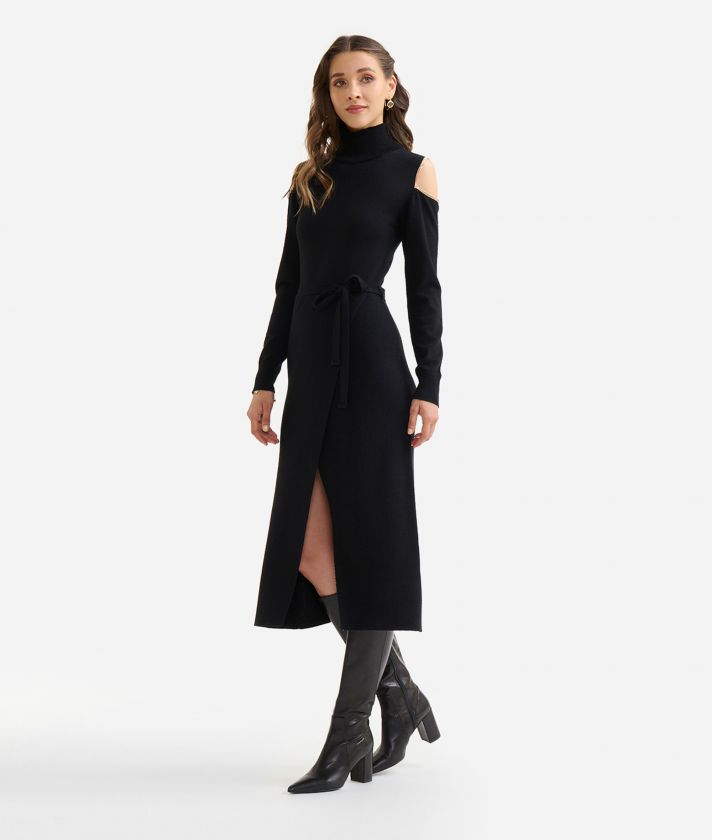 Knit fabric cold-shoulder dress in wool blend yarn Black