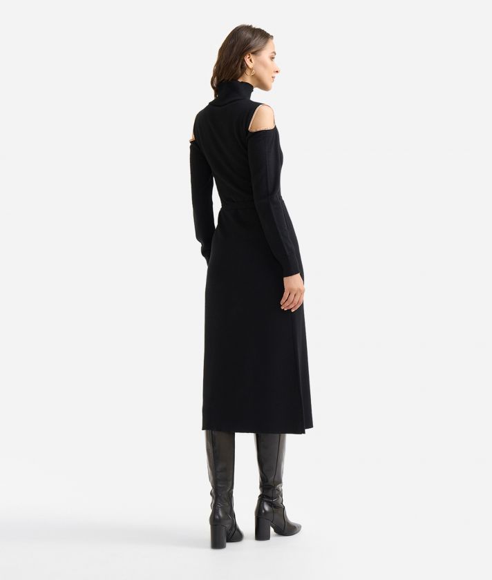 Knit fabric cold-shoulder dress in wool blend yarn Black