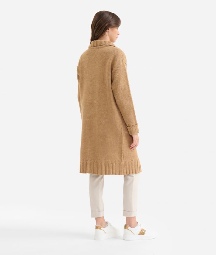 Cardigan with buckle fastening in wool and alpaca blend Camel