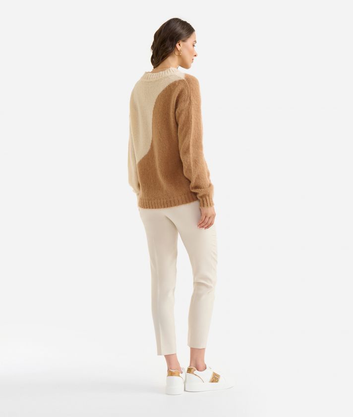 Intarsia sweater with wave motif in mohair wool yarn Beige and Camel