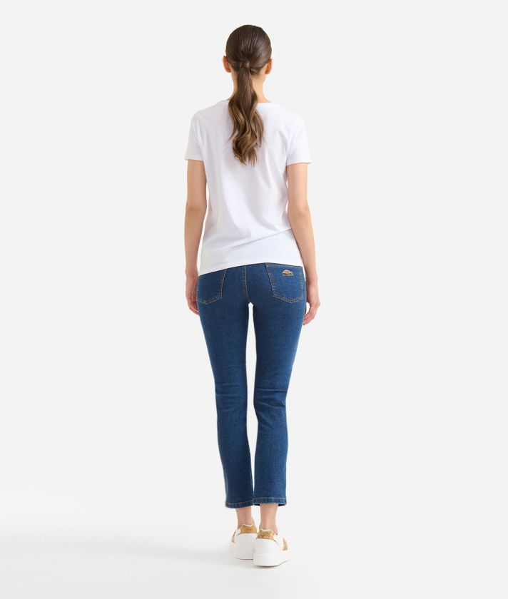 Jeans con toppe in denim stretch trattato Blu Stone