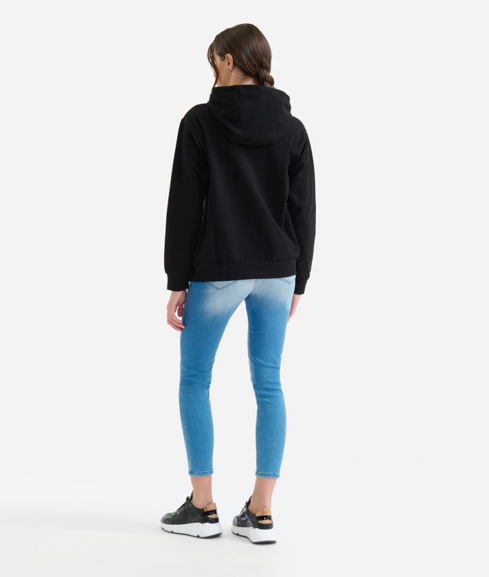 Stretch cotton hoodie with slit detail Black